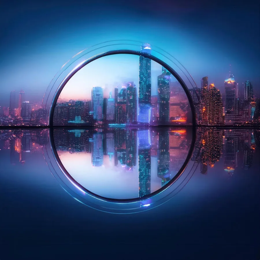 Ciudad nocturna reflejada dentro de un círculo de luz azul